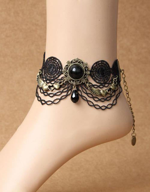 Black Cobweb Gothic Anklet with Chains & Crystal 