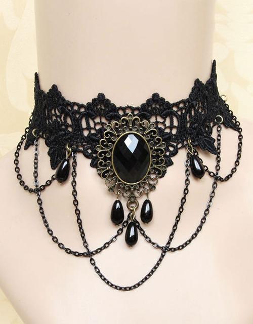 Gothic Black Beaded Pendant Lace Choker