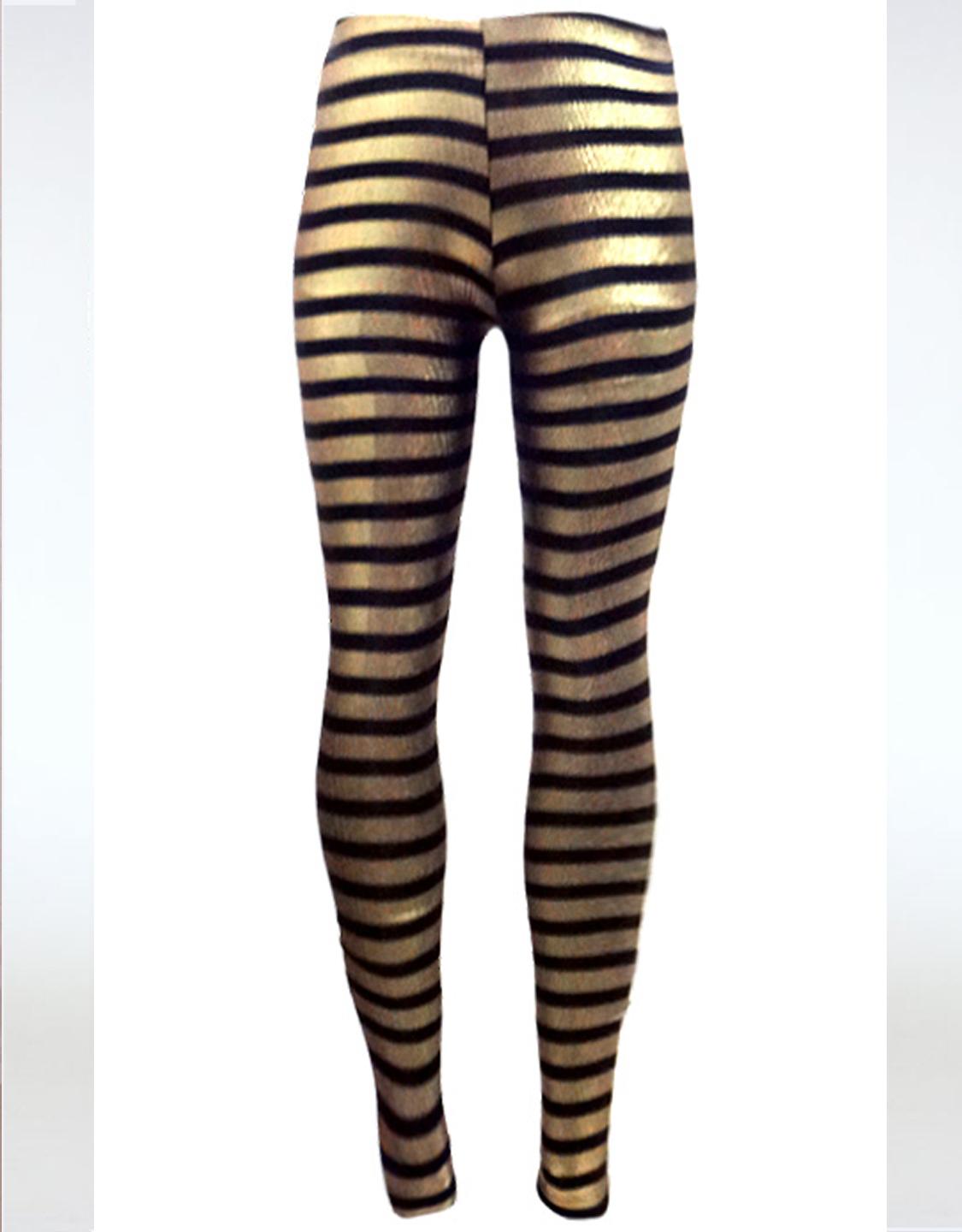  Shiny Black and Gold Stripe Leggings