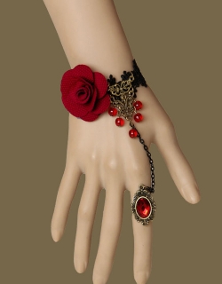 Retro Red Flower Black Bracelet with Ruby Ring