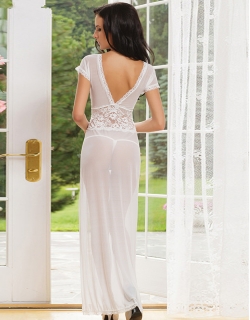 White Mesh & Lace V Neck Evening Gown with G-string