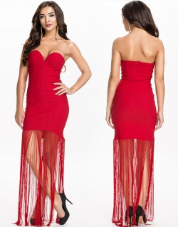 Long Fringe Strapless Dress Red