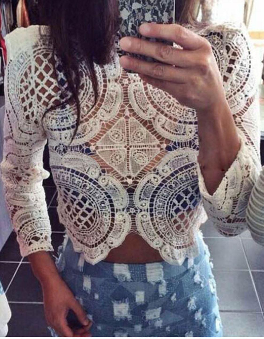 White Embroidery Crochet Lace Crop Top