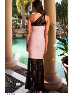 Pink Lace Detail One Shoulder Side Slit Maxi Dress