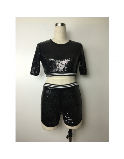 Black Sequin Two Pieces Summer Club Suit