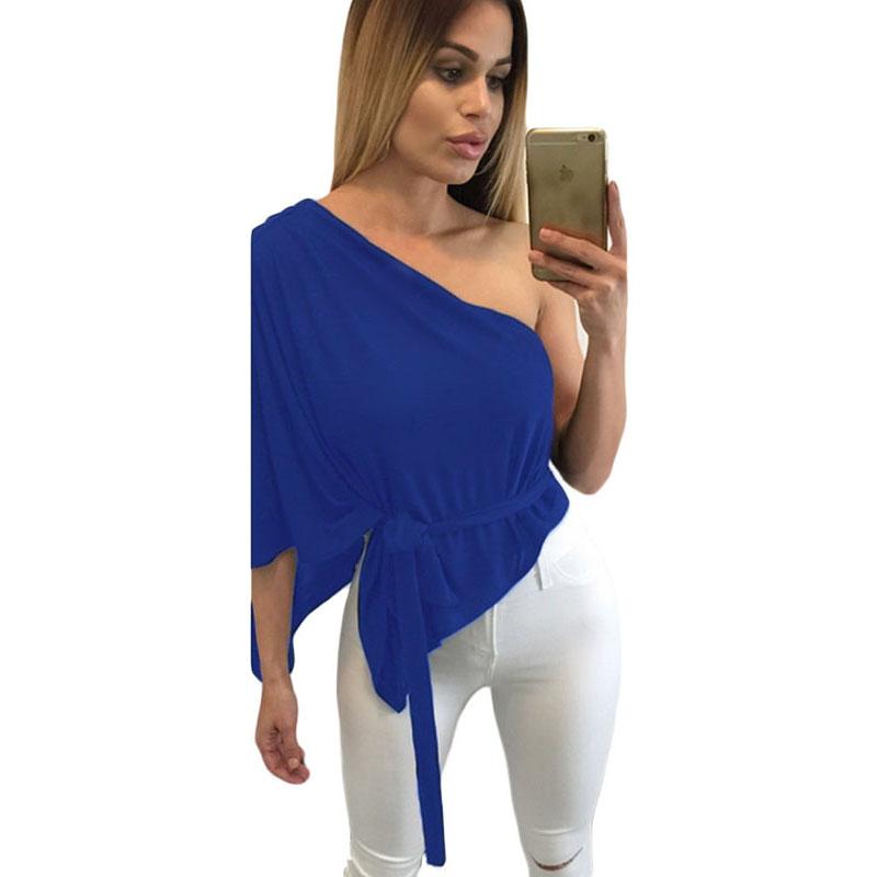 Blue Belted Flare One Shoulder Top