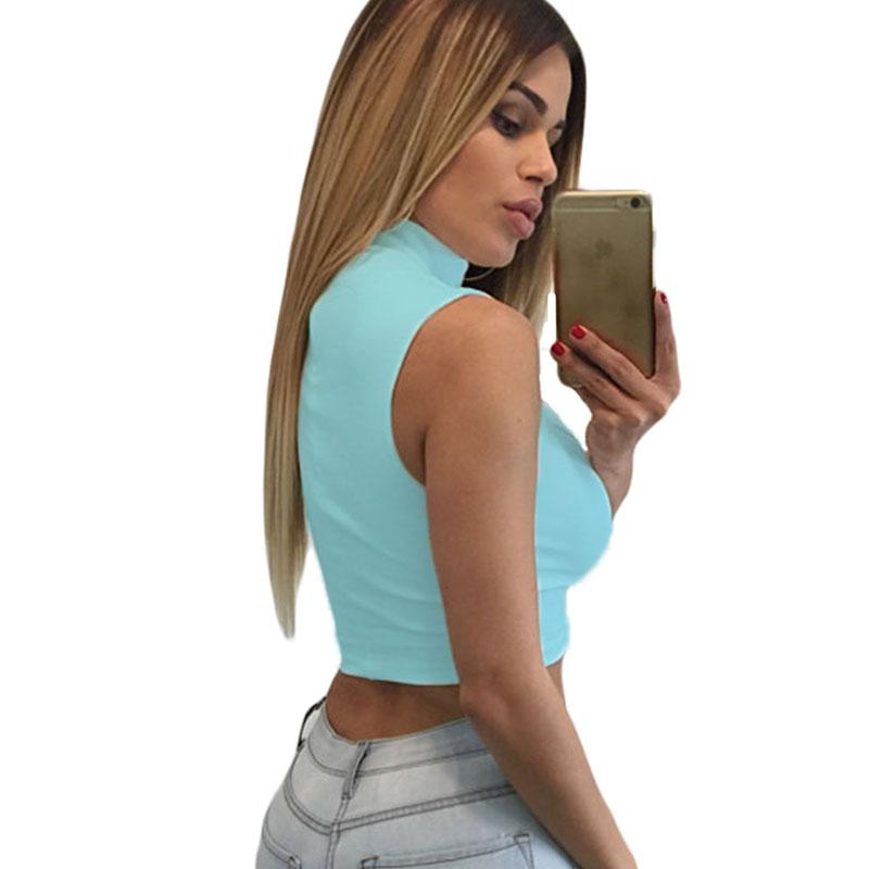 Light Blue Sexy Cutout High Neck Crop Top