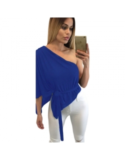 Blue Belted Flare One Shoulder Top