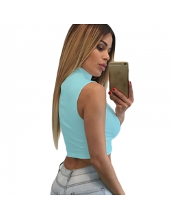 Light Blue Sexy Cutout High Neck Crop Top