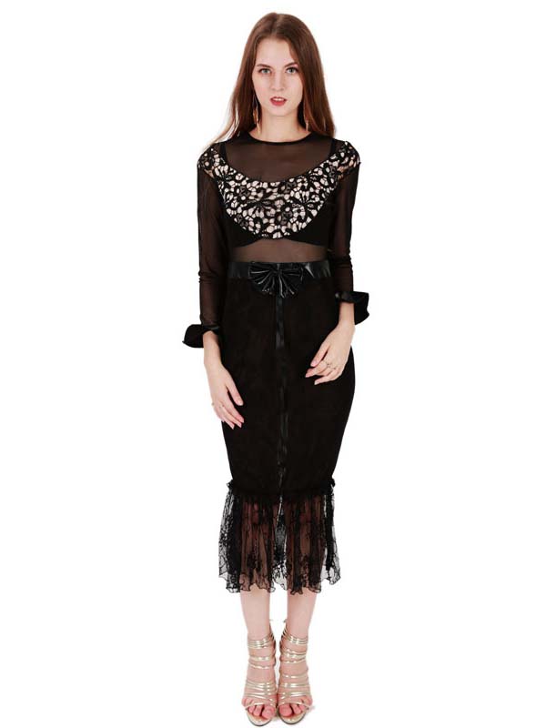 Black Sheer Mesh Insert Party Dress Women