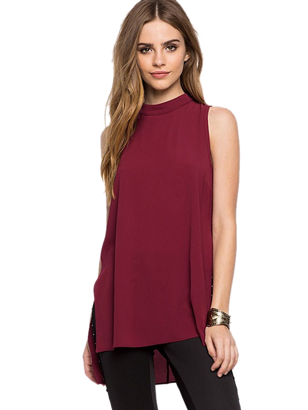 Dip Hem Sleeveless  Blouse Wine Red