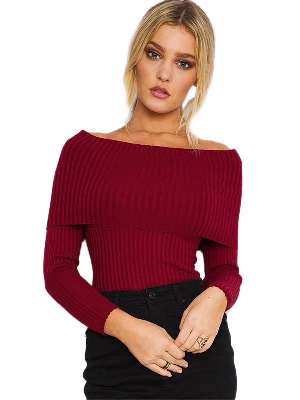 Wine Red Off Shoulder Sweater Top_Wonder Beauty lingerie dress ...