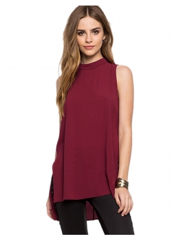 Dip Hem Sleeveless  Blouse Wine Red