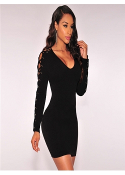 Sexy Black Lace-up Long Sleeve Bodycon Dress