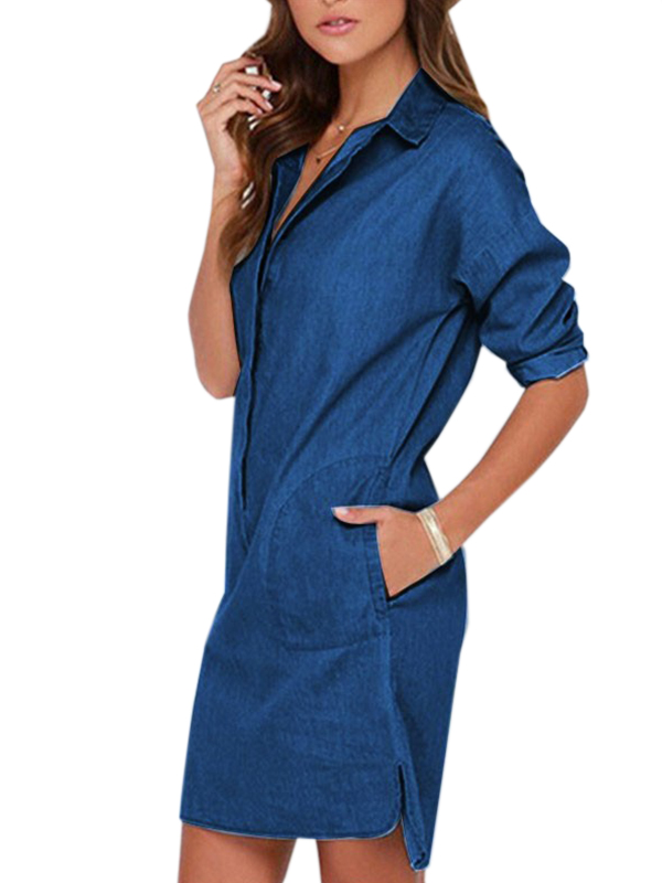  Women Long Sleeve Dark Blue Jean Dress
