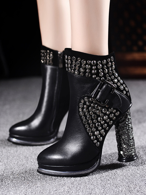 Black Woman Leather Rivet High Heel Shoes