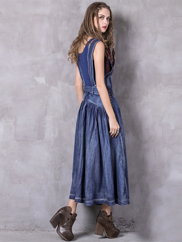 Dark Blue Women Denim Maxi Jean Dress_Wonder Beauty lingerie dress