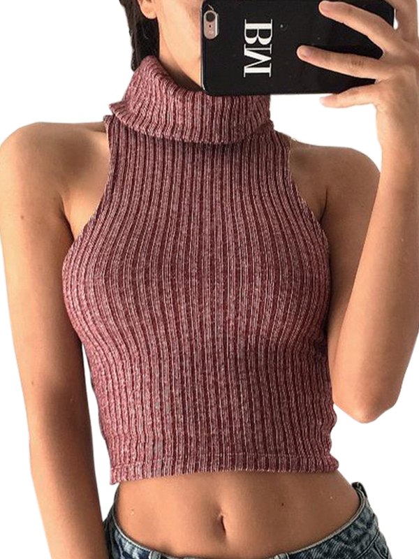 Women High Neck Sweater Crop Tops