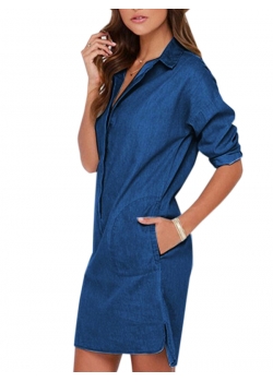  Women Long Sleeve Dark Blue Jean Dress