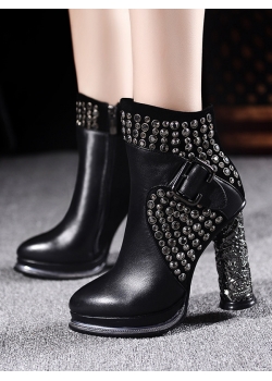 Black Woman Leather Rivet High Heel Shoes