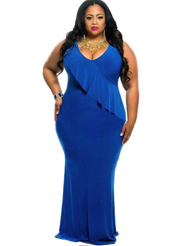 2XL-3XL Blue Cascading Ruffle Reversible Tank Maxi Dress