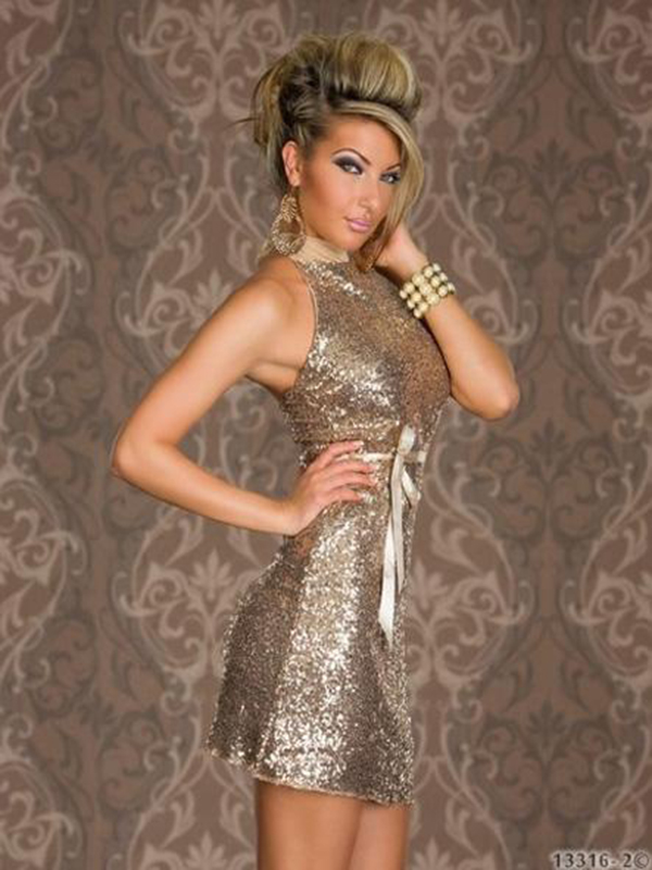 Apricot Sequined Halter Clubwear Dress