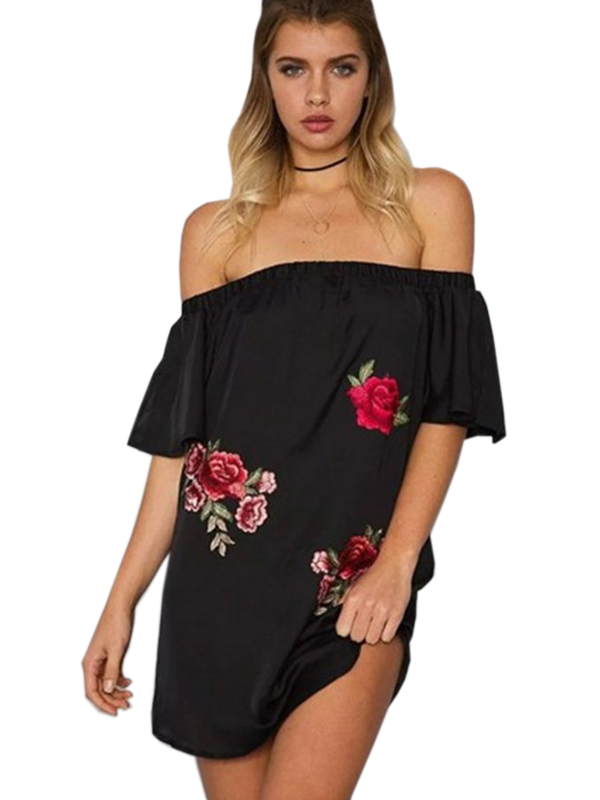 Black Off Shoulder Embroidery Mini Dress