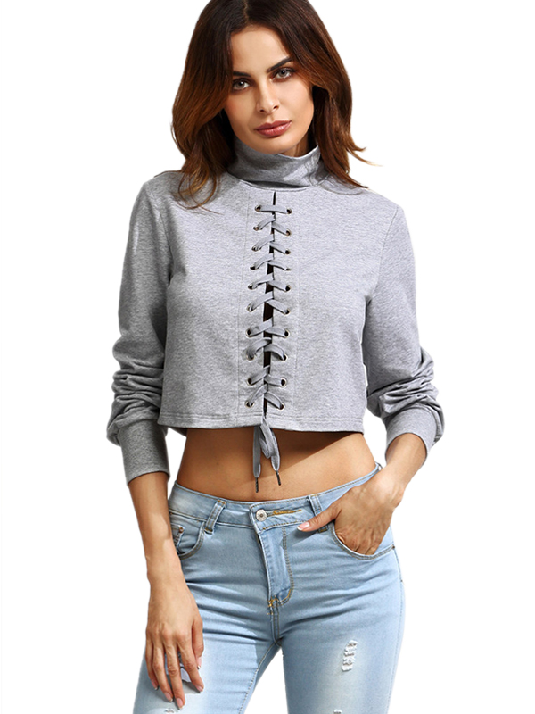 High Neck Women Grey Long Sleeve Crop Tops