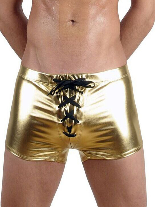 Sexy Gold Wetlook Lace Up Boxer For Men