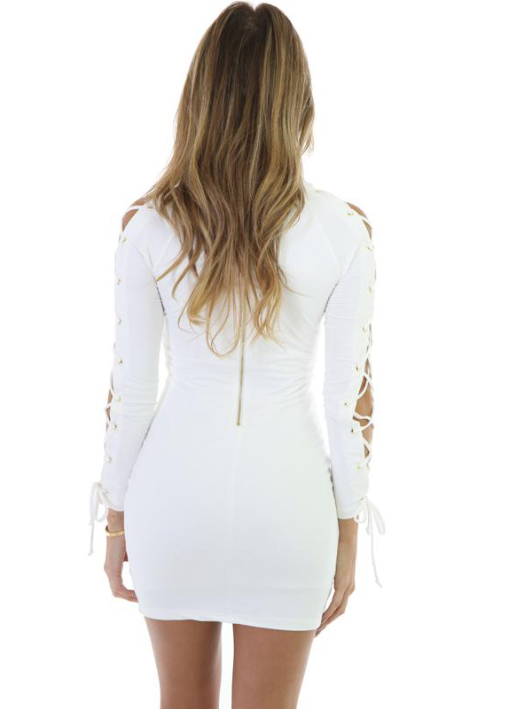 Sexy White Lace-up Long Sleeve Bodycon Dress