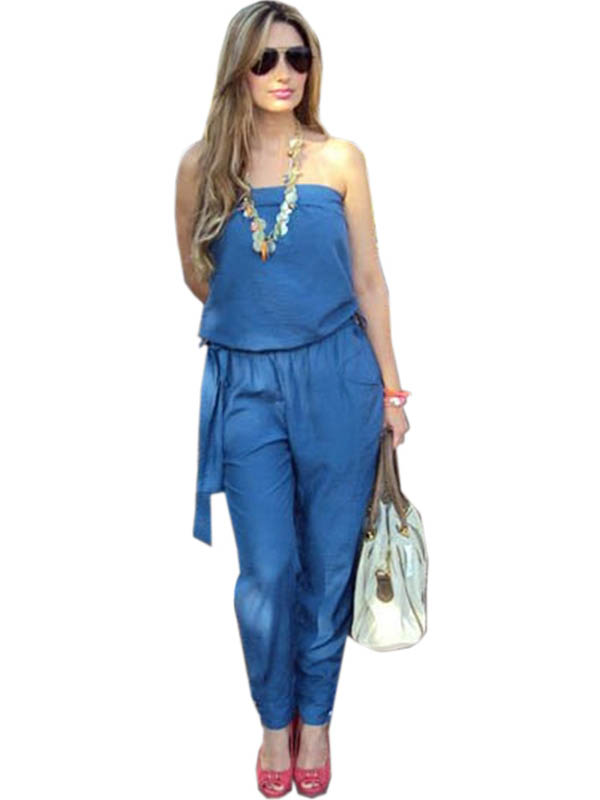 strapless denim jumpsuit