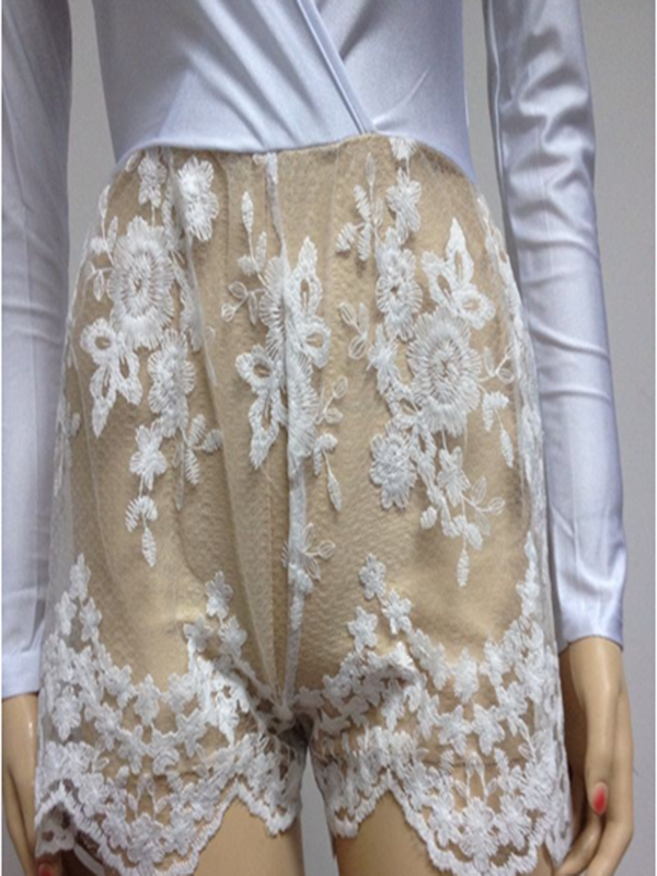 White Floral Lace Deep V Neck Bodycon Short Jumpsuit Rompers