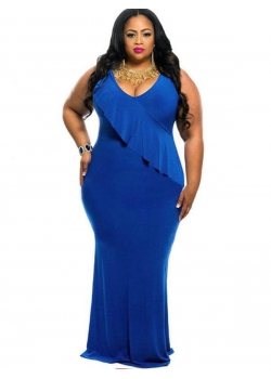 2XL-3XL Blue Cascading Ruffle Reversible Tank Maxi Dress