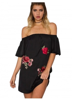 Black Off Shoulder Embroidery Mini Dress