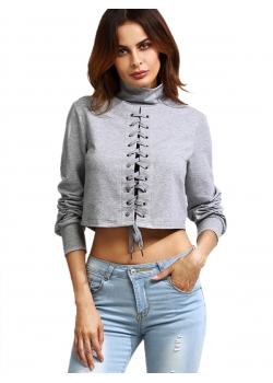 High Neck Women Grey Long Sleeve Crop Tops