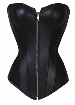 Sexy Black Faux Leather Overbust Corset Zipper S-6XL