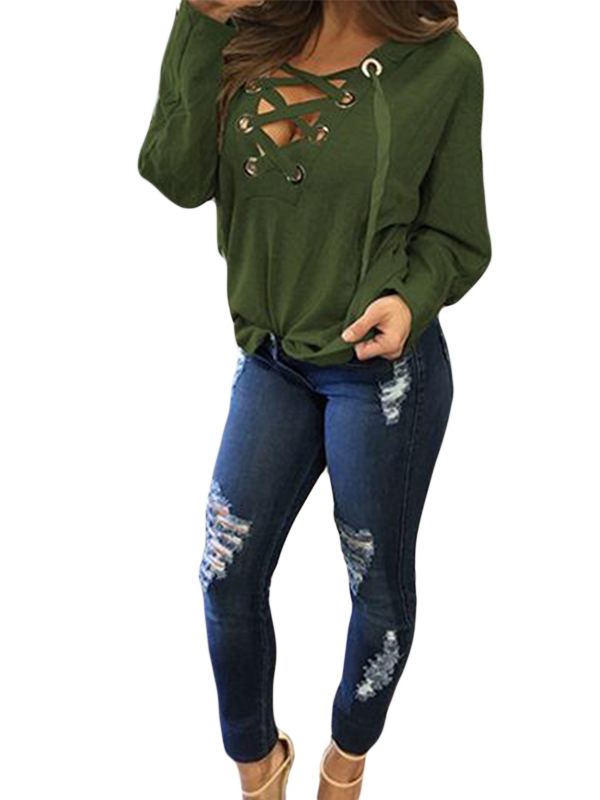 Lace Up Neckline Long Sleeve Hooded Sweatshirt Grey