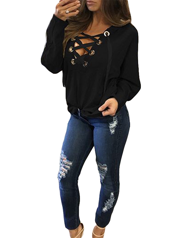 Lace Up Neckline Long Sleeve Hooded Sweatshirt Grey