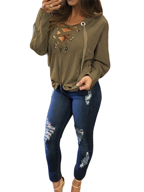 Lace Up Neckline Long Sleeve Hooded Sweatshirt Grey