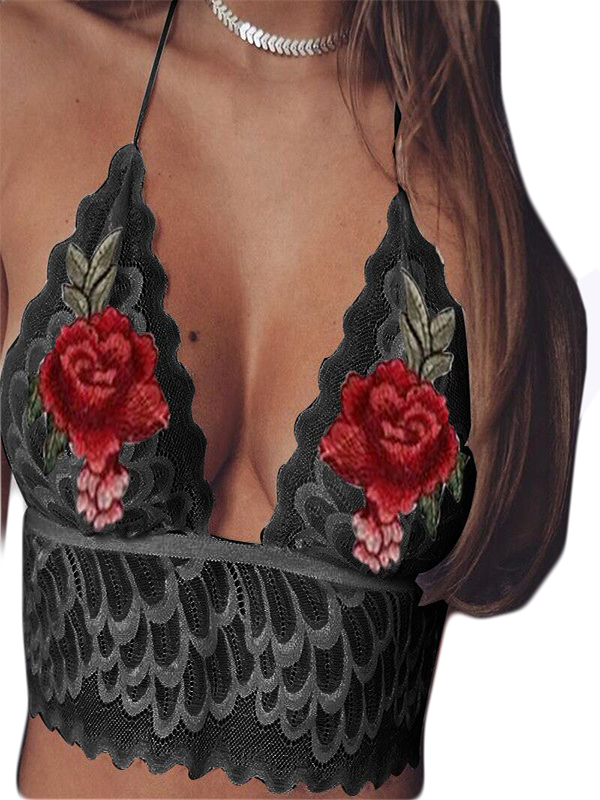 Woman Black Embroidery Halter Sexy Bra