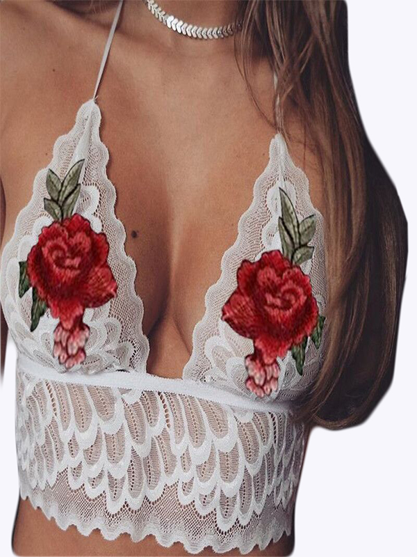 Woman White Embroidery Halter Sexy Bra