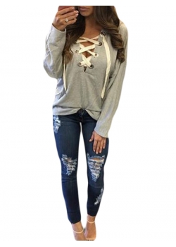 Lace Up Neckline Long Sleeve Hooded Sweatshirt Grey