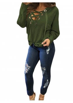 Lace Up Neckline Long Sleeve Hooded Sweatshirt Grey