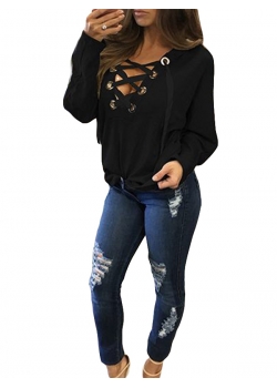 Lace Up Neckline Long Sleeve Hooded Sweatshirt Grey