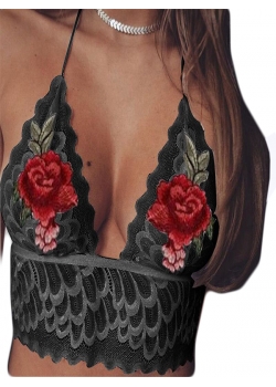 Woman Black Embroidery Halter Sexy Bra