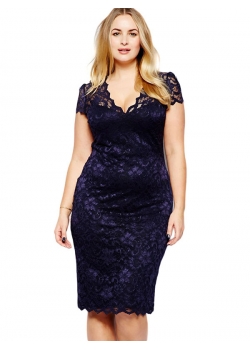 XL-3XL Dark Blue Lace Women Midi Dress