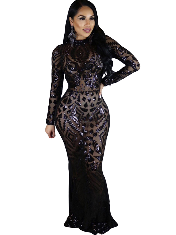 Black Sequin Bodycon Long Evening Dress