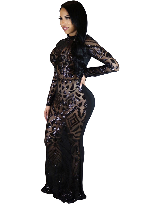 Black Sequin Bodycon Long Evening Dress