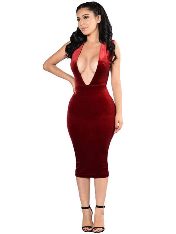 Sexy Wine Red Hollow Out Midi Bodycon Dress
