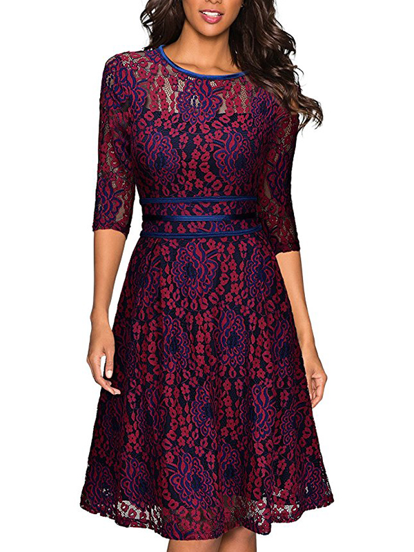 Women Red Round Neck Lace Dress